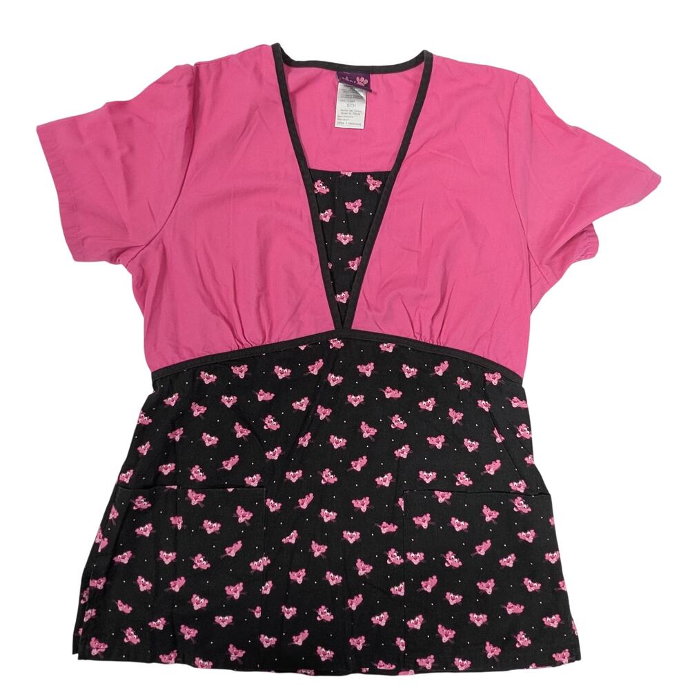 Women's Pink Panther Scrub Top Pink and Black Size S